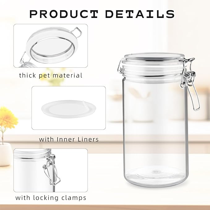 2 Pack 33OZ/1000ml Plastic Storage Containers with Lids Large Plastic Jar with Locking Clamp Acrylic Canisters For Nuts Sugar Coffee Candy Cookie Spices And More