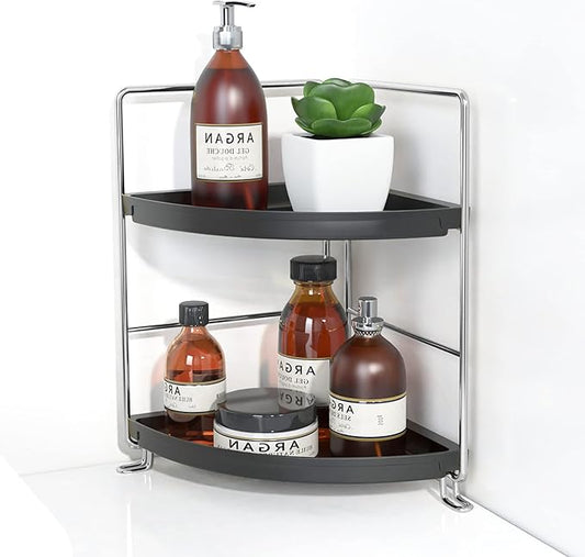 2 Tier Corner Bathroom Countertop Organizer, Tool-Less Installation Vanity Tray for Skincare Makeup Perfume Organizer, Small Plastics Bathroom Storage and Organization (Silver & Black)