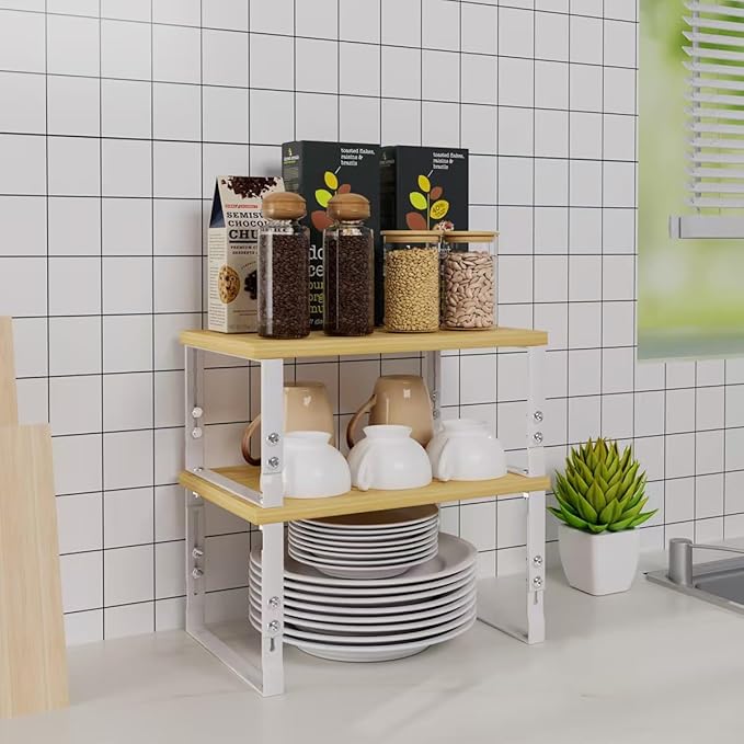 Cabinet Organizer Shelf, Spice Rack, Adjustable height, Stackable and Nesting Shelves,Metal and solid wood, For multiple scenarios in the kitchen, office or closet (White)