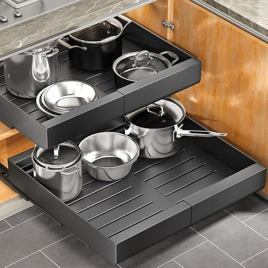 Pots and Pans Organizer Under Cabinet, Expandable(11.7"-19.7") Pull out Cabinet Organizer, Heavy Duty Adjustable Rack Inside Cabinet Fixed with Adhesive Film, Roll out Shelf Storage for Kitchen Pantry