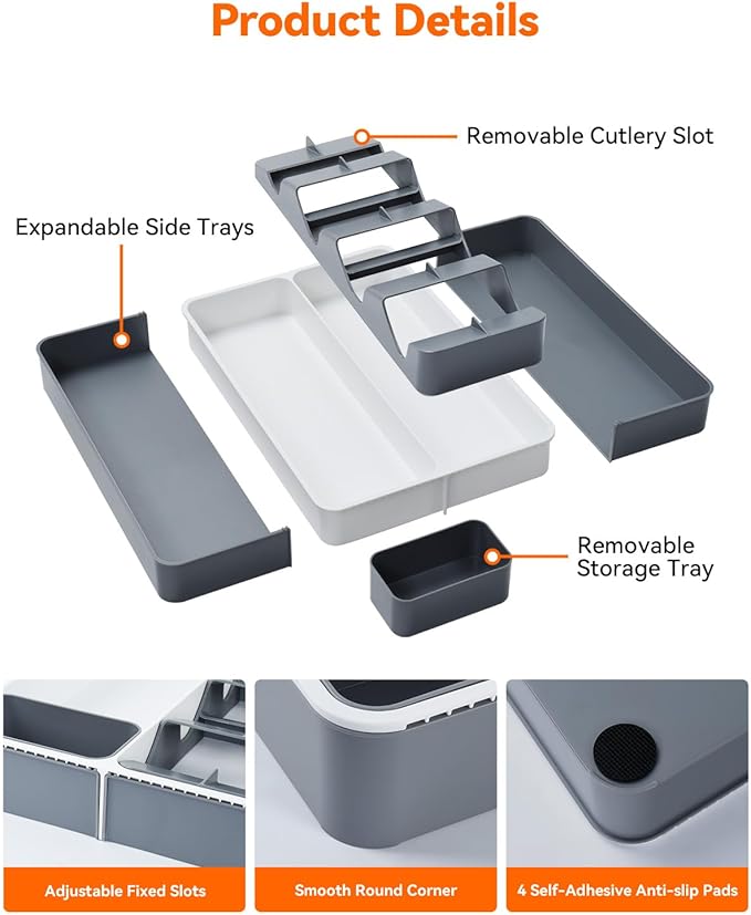 OTraki Silverware Drawer Organizer Expandable Utensil Drawer Organizer with Removable Cutlery Holder and Storage Tray Flatware Utensil Drawer Organiser Fork Knife Spoon Holder for Drawer Grey + White