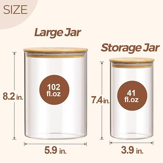 ComSaf Glass Jar with Airtight Lid (102 oz/41 oz), Glass Food Storage Container with Bamboo Lid, Clear Glass Food Canister Set of 2 for Dry food like Rice, Sugar, Flour, Pasta, Cereal, Beans, Nuts