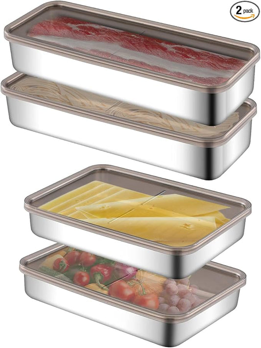 BigKing 2 Pack Bacon Keeper Container, Cheese Container for Fridge,Lunch Meat Container for Refrigerator, Stainless Steel Deli Containers,Fridge Organizers and Storage with Lids Stackable (4 Pack)