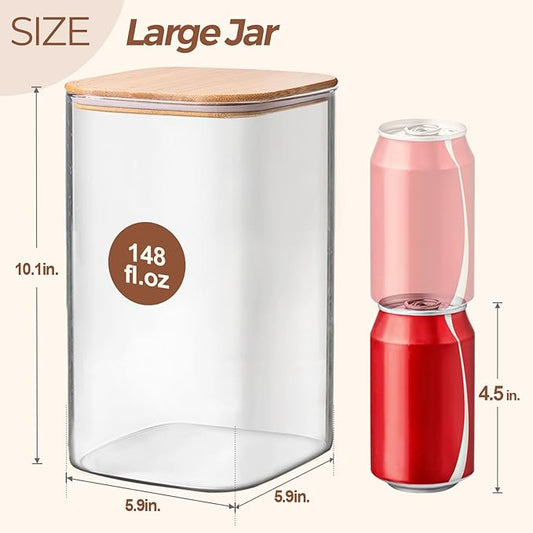 ComSaf 148 oz Glass Food Storage Containers, 1.2 Gallon Glass Flour and Sugar Containers with Lids, Large Square Glass Jars with Bamboo Lids for Rice, Pasta, Oats, Grains, Cookies, Coffee Beans