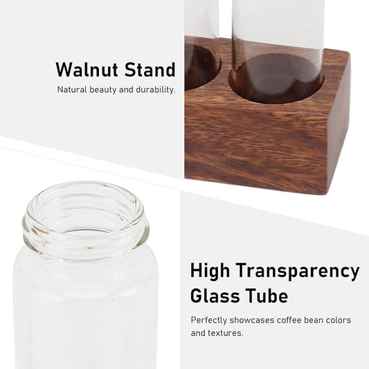 Coffee Bean Storage Tubes Single Dose, 6PCS or 12PCS Coffee Bean Cellar, Dosing Glass Vials with Lids, Wooden Display Stand and Funnel, Airtight Sealed Glass Canister Jars Tubes