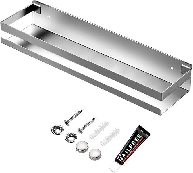 CONRUSER Wall Mounted Spice Rack, Stainless Steel Kitchen Organizer Shelves Hanging Storage Shelf Brushed Steel Seasoning Rack (40CM)