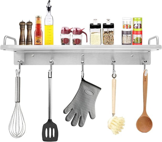 Kitchen Utensil Rack, Spice Rack with Hooks Wall Mount, Over the Stove Shelf, Stainless Steel, Hanging Storage Wall Shelf for Spatula Spoon, Seasoning Jar Organizer