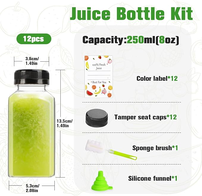 12pcs 8oz Plastic Juice Bottles, Reusable Juice Containers with Black Tamper Proof Lids, Brush, Funnel and Labels, Clear Juice Bottles for Juicing, Smoothie and Homemade Beverages