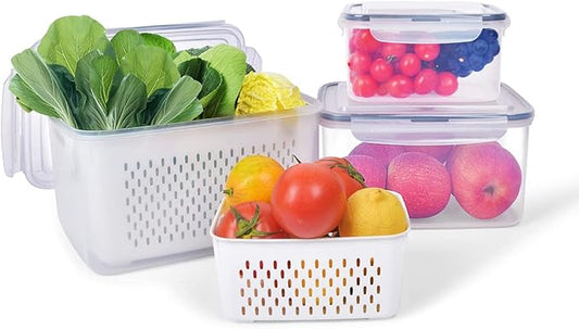Fruit Vegetable Storage Containers for Fridge,3 PCS Produce Saver Containers for Refrigerator Organizer Bins,Plutuus BPA free Plastic Produce Keepers with Lid & Colander for Salad Berry Lettuce