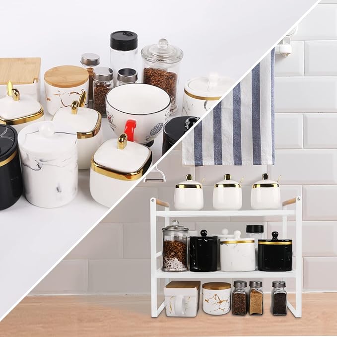 Kitchen Counter Shelf,Space Saving 2 Tier Cabinet Organizer Shelf with Wood Handle,Bathroom Countertop Shelves for Storage and Organization,16.1 x 8.3 x 12.8 Inches (White)