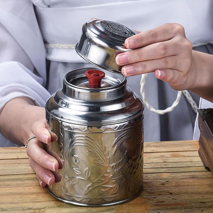 Stainless Steel Tea Canister with Lid Multi-Function Storage Container for Tea Coffee Sugar and Small Items, 6.49x5.11x3.54in Silver for Home Use