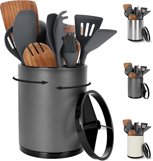 Extra Large Kitchen Utensil Holder - 360° Rotating Stainless Steel Cooking Utensil Holder for Countertop, 3 Compartment Flatware Organizer & Utensil Caddy with Removable Base（Grey）