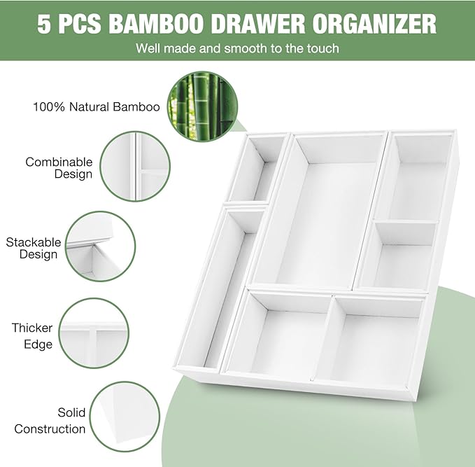 Bamboo Drawer Organizer,5 PCS Silverware Organizer & Kitchen Organizers and Storage,Utensil Drawer Organizer With Removable Dividers for Kitchen,Utensils,Bathroom,Office,Makeup(White)