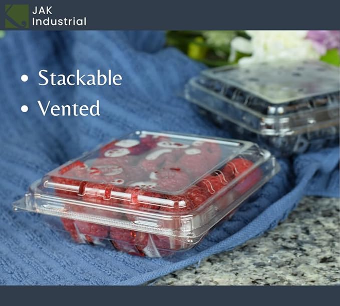 42 Pack - 6 Ounce Clear Plastic Vented Berry Containers with Clamshell Lids - For Blueberries, Raspberries, Blackberries