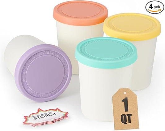 Set of 4 Ice Cream Containers for Homemade Ice Cream（1 Quart Each），Reusable Plastic Storage Containers Cups with Lids for Freezer，Stackable Storage Container for Gelato，Yogurt, Sorbet