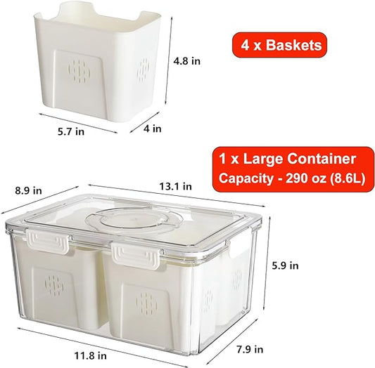 Taiuloo Airtight Fruit Storage Containers for Fridge with Lids & Handle, BPA-Free Food Storage Container with 4 Removable Colanders, Berry Vegetable Fresh Produce Saver, Refrigerator Organizer Bins