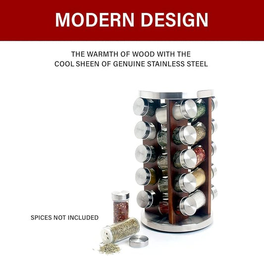 Orii Dark Acacia Wood Spice Rack with 20 EMPTY jars with Stainless Steel Lids and FREE Stainless Steel Funnel and Labels