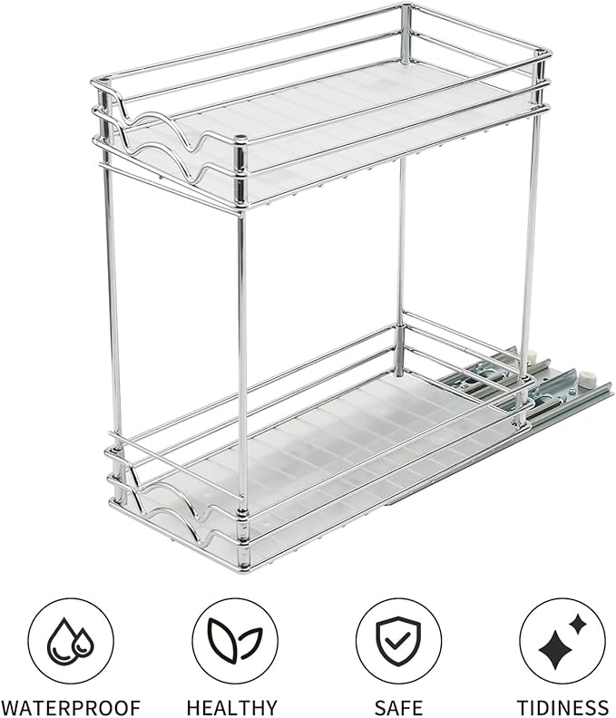 Spice Rack Organizer for Inside Cabinet, Pull Out Spice Rack 2 Tier, Heavy Duty Sliding Spice Cabinet Organization Shelf Rack, Slide Out Seasoning Kitchen Organizer Under Sink Organizers