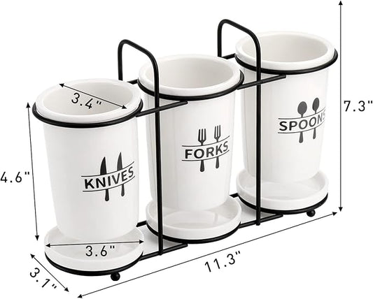 Fasmov Flatware Holder, 3-Piece Silverware Caddy Utensil Holder Ceramic Flatware Caddy with Metal Rack, Flatware Caddy White Ceramic Cutlery Organizer for Forks, Spoons, Knives
