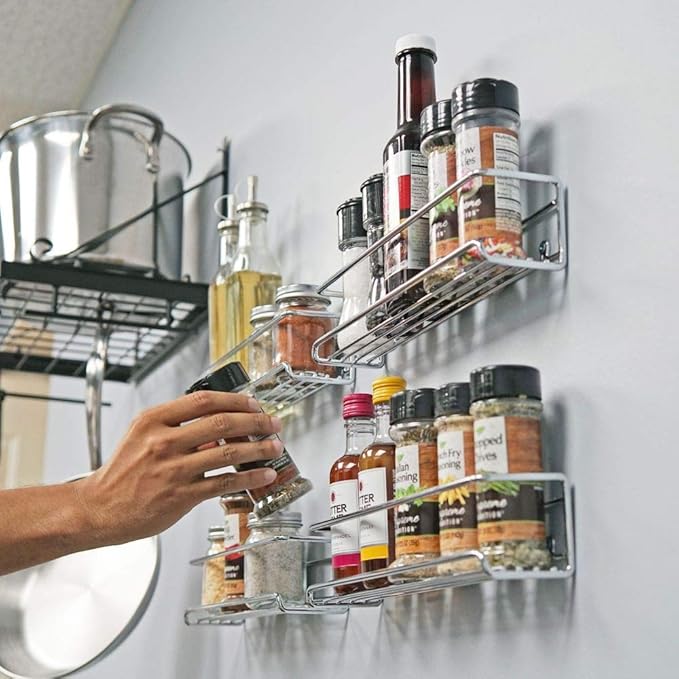 Spice Rack Shelves Set of 4 – Chrome Metal Wall Mount Kitchen Organizer for Spices and Home Décor