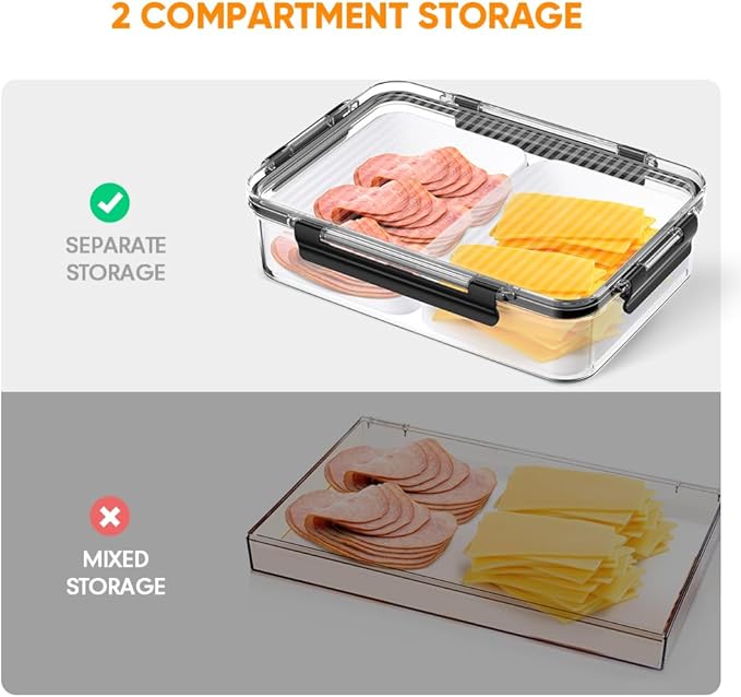 Deli Meat Container for Fridge Organizers and Storage, Ham and Cheese Container for Fridge, 11 Inches Long Lunch Meat Container for Refrigerator, 2 Compartment Snack Containers with Clear Lid