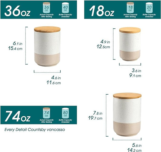 vancasso Sabine Ceramic Canister Set with Airtight Wood Lids - 3-Piece Kitchen Storage for Flour, Sugar, Coffee, Tea & Spices - Modern Countertop Decor