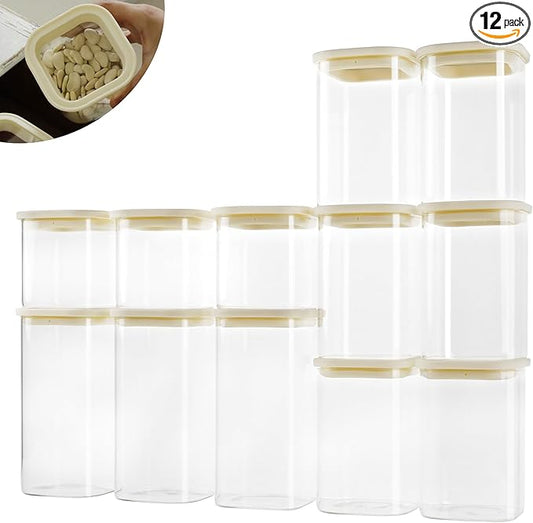 12pcs Square Pantry Glass Jars with Clear Airtight Lids Kitchen Canisters Sets for Flour, Sugar Refrigerator Safe, Available in 3 Sizes: 25oz / 40oz / 54 oz