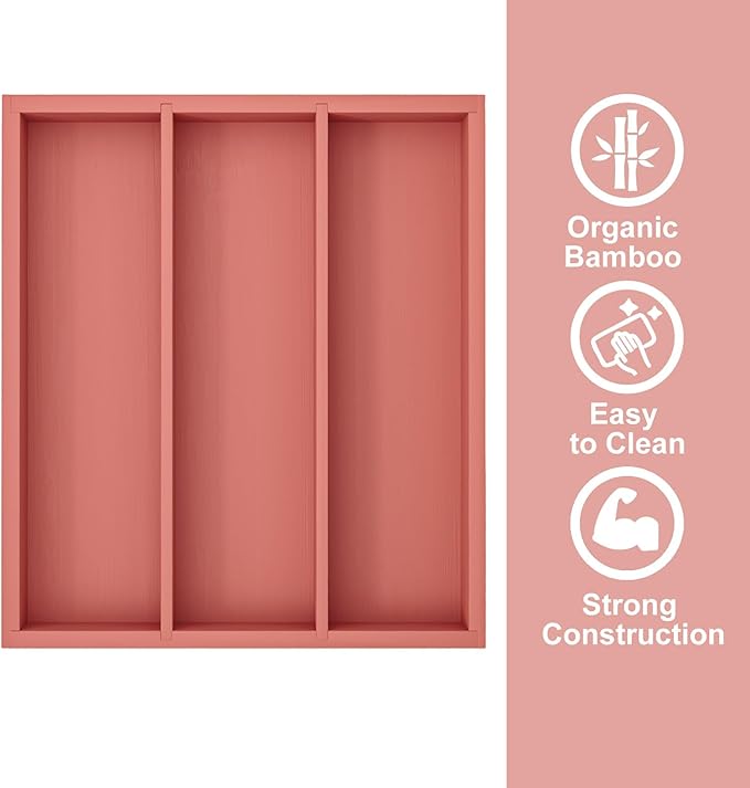Silverware Organizer Bamboo Kitchen Drawer Organizer, Flatware Organizer Tray for Kitchen, Flatware, Utensils（Orange）