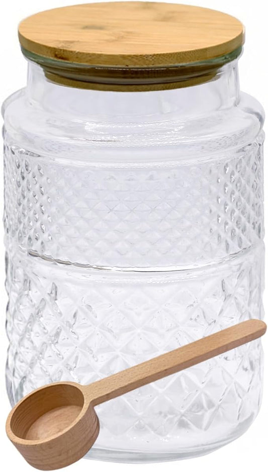 Vintage Glass Jar with Lid Wood Spoon 60 OZ Round Thick Glass Storage Jars Airtight Lids Decorative Canister Container for Food Candy Cookie Sugar Coffee Tea Nuts Snack Bath Salt