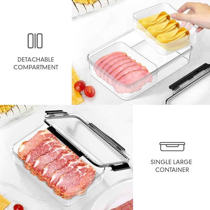 Deli Meat Container for Fridge Organizers and Storage, Ham and Cheese Container for Fridge, 11 Inches Long Lunch Meat Container for Refrigerator, 2 Compartment Snack Containers with Clear Lid