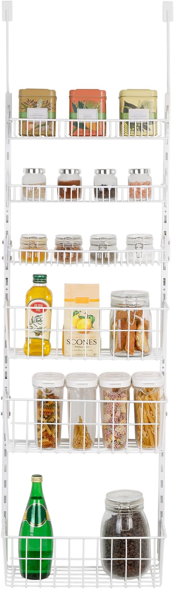 Smart Design Over The Door Pantry Organizer Rack with 6 Adjustable Shelves - Steel Metal Wire Baskets and Frame - Hanging - Wall Mountable - Cans, Spice, Storage, Closet, Bathroom, Kitchen - White