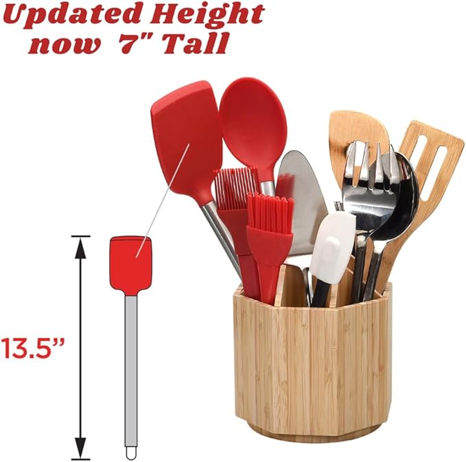 Bamboo Rotating Utensil Holder & Kitchen Organizer, Multiple Compartments, 8 Sections, store Forks, Serving Spoons, Knives, and other cooking tools with Removable Divider for Customized Storage