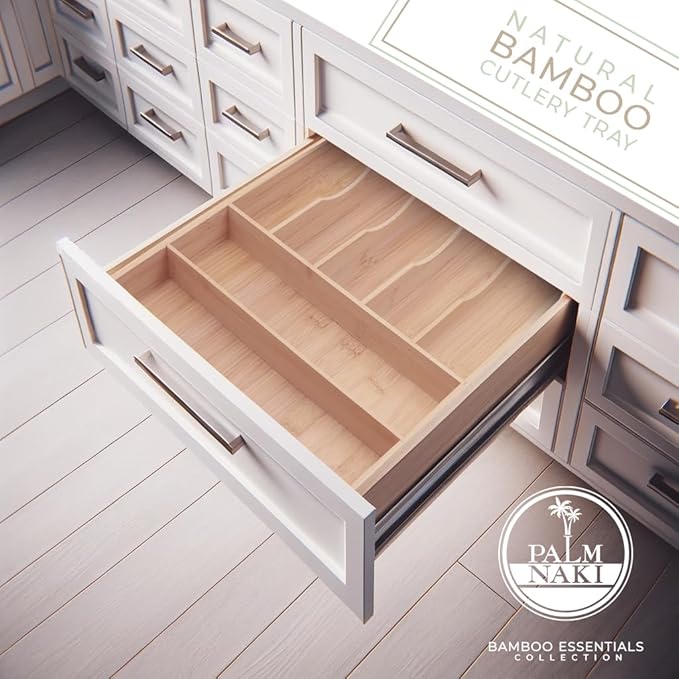 PALM NAKI Silverware Organizer Premium Bamboo Cutlery Organizer Tray - Kitchen Drawer Organizer for Silverware, Utensils - Flatware Organizers - Kitchen Organization (Natural Classic, 7 Slots)