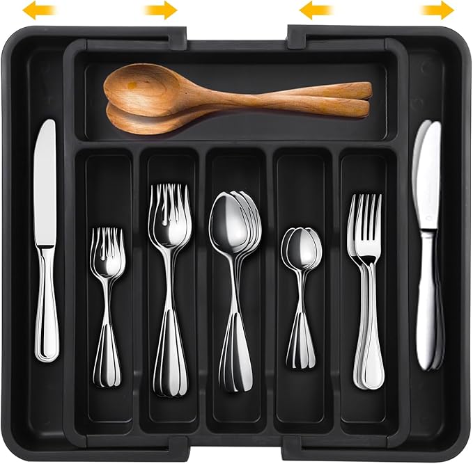 Houseware Expandable Kitchen Drawer Flatware Organizer,Silverware Organizer Utensil Drawer Cutlery Tray, Black