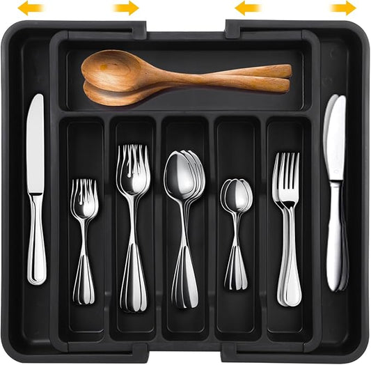 Houseware Expandable Kitchen Drawer Flatware Organizer,Silverware Organizer Utensil Drawer Cutlery Tray, Black