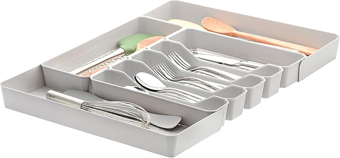 Spectrum Hexa 6-Divider Expandable Silverware Tray (Stone Gray) - in-Drawer Organizer for Kitchen Accessories, Cutlery, Knives, & More/Easy-to-Clean Home & Apartment Essential