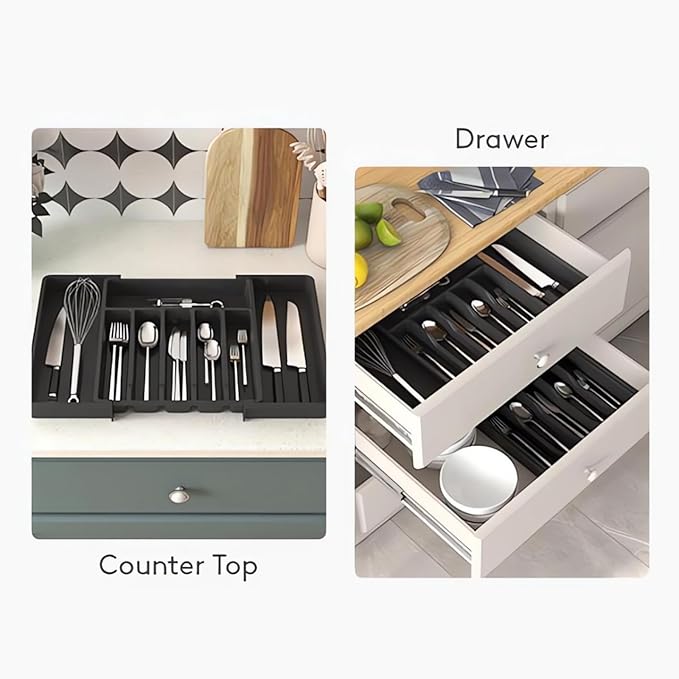 Flatware Organizers - Kitchen Drawer Organizer for Utensils and Silverware Expandable Silverware Holder and Cutlery Tray Black Kitchen Decor and Accessories Large Storage Capacity