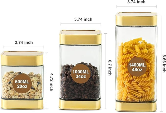 Glass Storage Jars-Large Kitchen Glass Canisters with Airtight Lids -Coffee Pasta Sugar Tea Snack Nuts Cookie Flour Food Container - Set of 3…