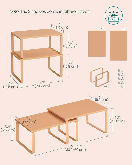 SONGMICS Cabinet Organizer Shelf, Set of 2 Kitchen Counter Shelves, Kitchen Storage, Spice Rack, Stackable, Expandable, Metal and Engineered Wood, Apricot Orange UKCS002Y01