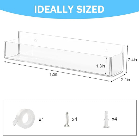 VAEHOLD Adhesive Acrylic Spice Rack with Nano Double Sided Tape Wall Mount Organizer, Black Wall Spice Rack With Shelf Ends for Kitchen Cabinet Door - 2 Pack 12‘’ Shelves