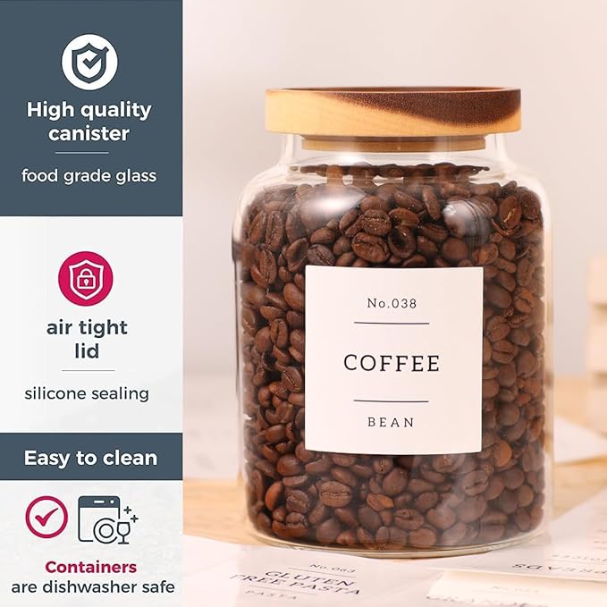 High Borosilicate Glass Jar with Airtight Acacia Lid and 132 Kitchen Panty Labels Preprinted - 43 Fl Oz Thicken Glass Food Storage Container Canister for Coffee Bean, Candy, Cookie, Tea, Sugar