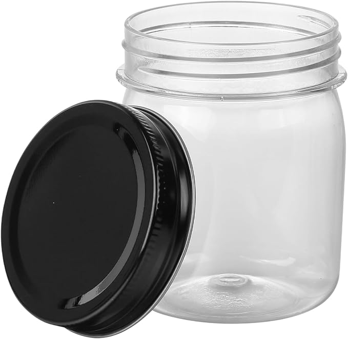 8 Ounce Clear Plastic Mason Jars With Screw On Lid, Reusable Empty Jars for Food Storage, Round BPA Free Containers for Sealing, Dry Food, Snacks, Candies, Breakage-proof, (Black - 32 Pack)