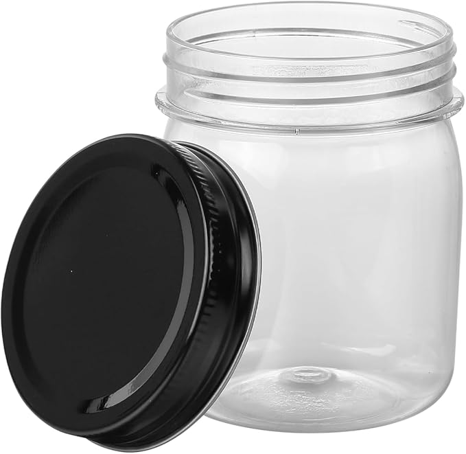 8 Ounce Clear Plastic Mason Jars With Screw On Lid, Reusable Empty Jars for Food Storage, Round BPA Free Containers for Sealing, Dry Food, Snacks, Candies, Breakage-proof, (Black - 16 Pack)