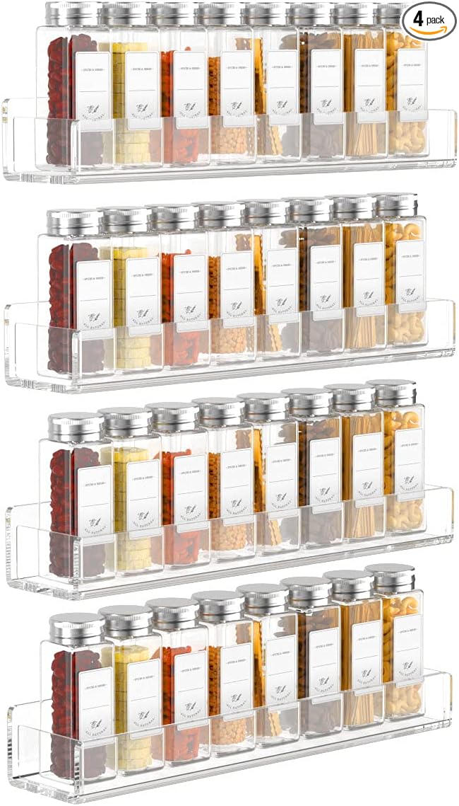 FEMELI Acrylic Wall Mount Spice Rack - 15 Inch, 4 Pack Hanging Spice Rack Shelf for Cabinets, Cupboard or Pantry Door, Kitchen Organizer