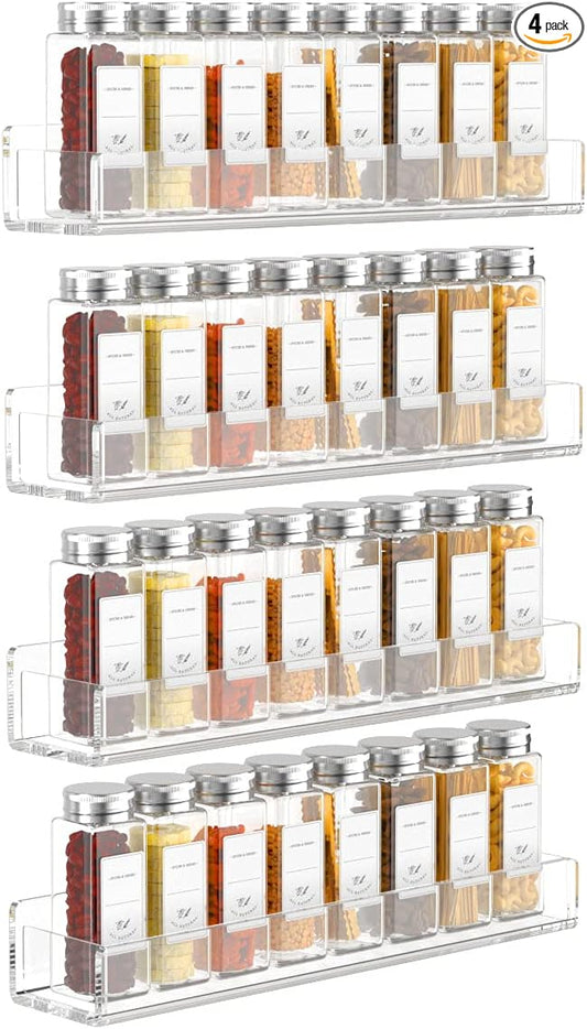 FEMELI Acrylic Wall Mount Spice Rack - 15 Inch, 4 Pack Hanging Spice Rack Shelf for Cabinets, Cupboard or Pantry Door, Kitchen Organizer