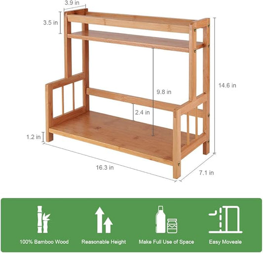 Kitchen Countertop Organizer Bamboo Spice Rack - Coffee Station Organizer Countertop Shelf 2 Tier Storage Stand, Vintage Rustic Wooden Syrup Sauce Jar Bottle Spice Makeup Display Holder