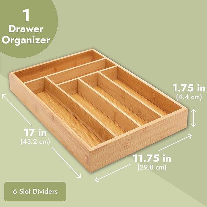 Juvale Bamboo Silverware Organizer for Drawer, Kitchen, 6 Slot Utensil Tray (17 x 11.75 x 1.75 In)