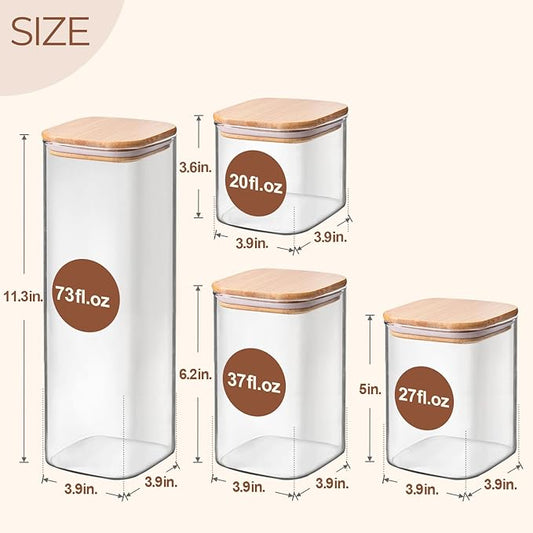 ComSaf Food Storage Containers with Airtight Lids Set of 6, Clear Glass Canister Food Jar with Sealing Lid Kitchen Pantry Storage Container for Spaghetti Pasta Sugar Flour Oat Cereal Beans, Square