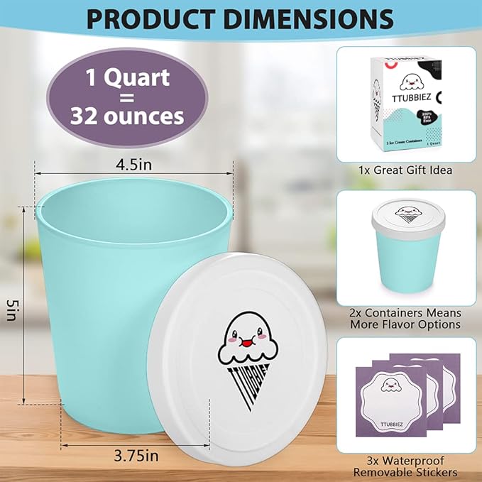 Ice Cream Containers (2 Pack - 1 Quart Each), Ice Cream Containers for Homemade Ice Cream, Ice Cream Storage Containers, 1 Quart Freezer Containers for Ice Cream Storage - Mint Chip