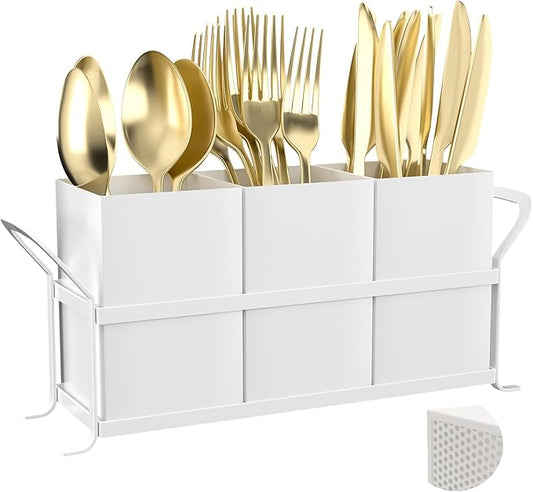 Silverware Caddy for Party - White Utensil Holder for Kitchen Counter, Compact Metal Organizer for Flatware, Cutlery, Spoons, Forks, and Knives, Cute Small Farmhouse Container for Countertop